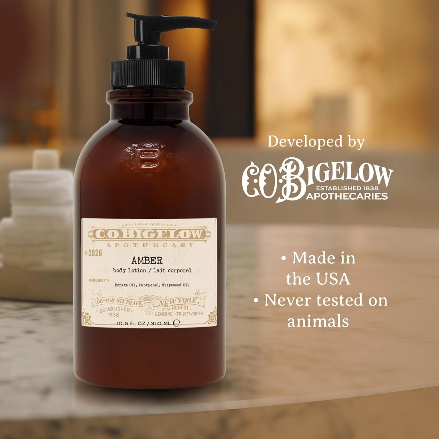 C.O. Bigelow Iconic Collection Amber Body Lotion, Scented Body Cream with Grapeseed Oil and Shea Butter, 10.5 fl oz