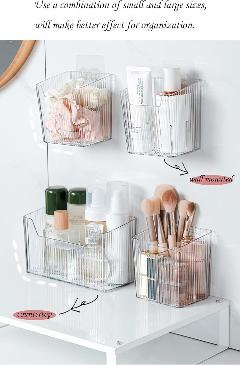 Set Of 2 Storage Organizer Bins Wall Mounted Shower Caddy, Bathroom shelves Stackable Clear Plastic Toothbrush Holder Adhesive Hanging Bin for Bathroom, Kitchen, Cabinet, Shower BPA Free Small (Clear)