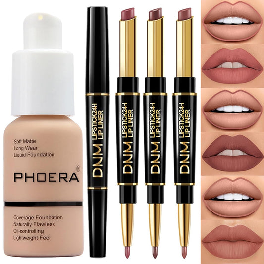 PHOERA Foundation Full Coverage,3Pcs Lip Liner and Lipstick Set Chestnut Nude Brown for Matte Finish, PHOERA Makeup Wrinkles Matte Natural Finish for a Flawless Complexion (103- Warm peach+Lip SetA)
