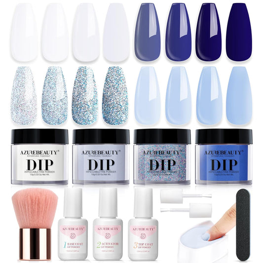 AZUREBEAUTY Christmas Dip Powder Nail Kit Winter White Navy Blue Glitter 4 Colors Acrylic Dipping Powder Liquid Set with Base/Top Coat Activator for French Nail Art Manicure DIY Gift for Women