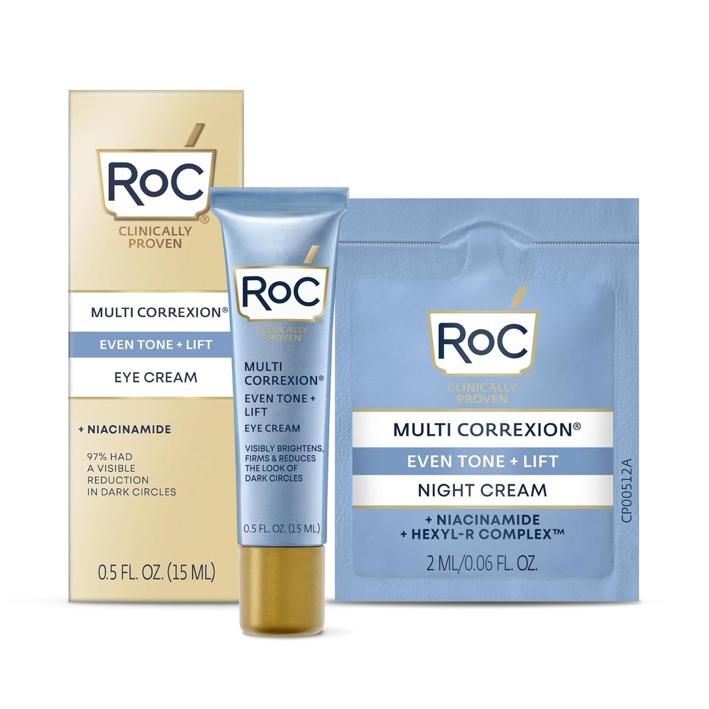 RoC Multi Correxion 5 in 1 Anti-Aging Eye Cream for Puffiness, Under Eye Bags & Dark Circles, Skin Care Treatment with Shea Butter, (.5 oz) with Night Cream Packette (Packaging May Vary)