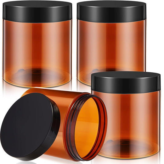 Patelai 4 Pieces Round Wide-mouth Leak Proof Plastic Container Jars with Lids for Travel Storage Makeup Beauty Products Face Creams Oils Salves Ointments DIY Making(16 Ounce,Amber)