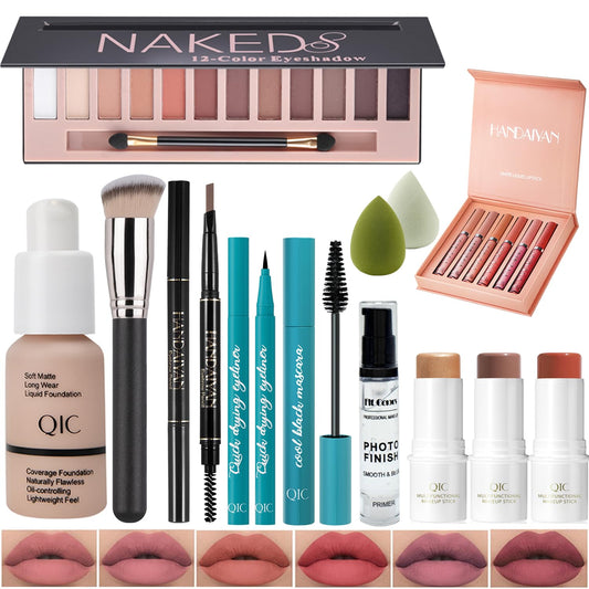 All In One Makeup Kit Full Kit, 3 Pcs Cream Contour Sticks,12 Colors Eyeshadow Palette,Full Coverage Foundation, 6 Colors Lipstick Set, Waterproof Eyeliner and Mascara(103# Warm Peach)