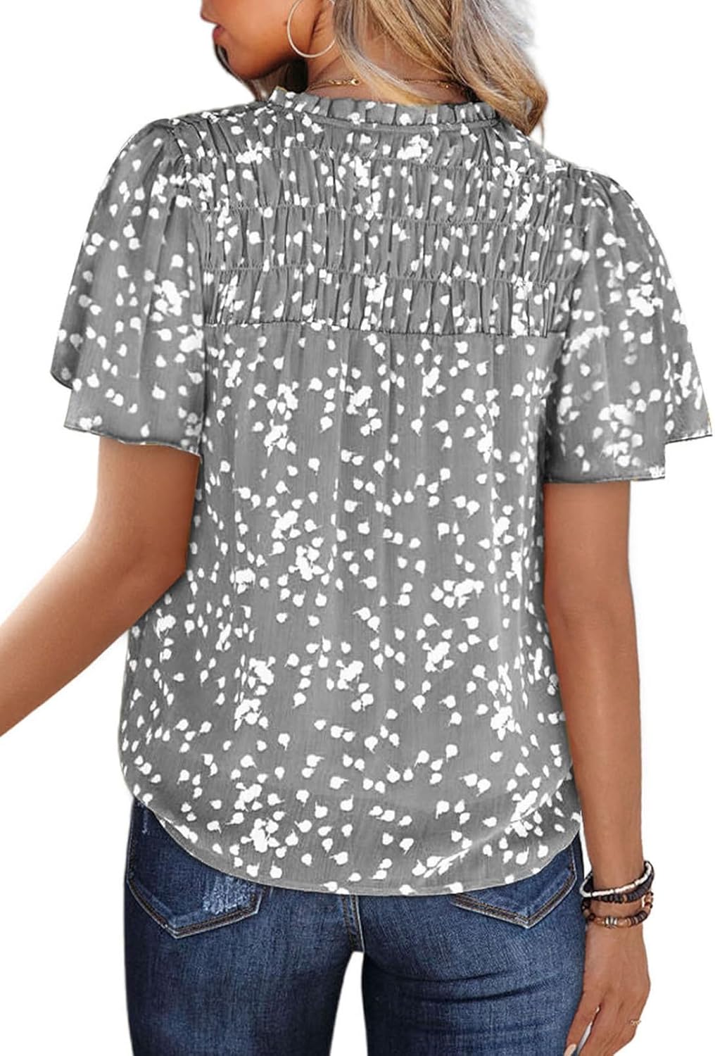 SHEWIN Women's Casual V Neck Floral Print Smocked Short Sleeve Chiffon Blouses Bohemian Top Shirts