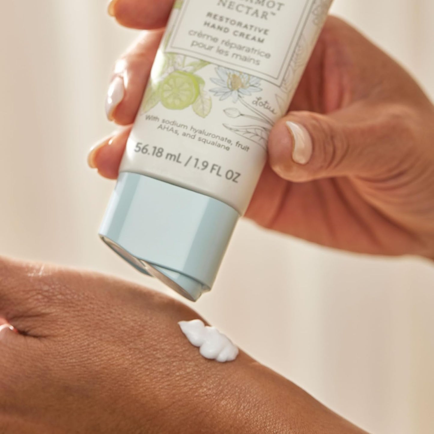 Thymes Restorative Hand Cream for Women & Men - Moisturizing Hand Cream Travel Size - Notes of Bergamot, Lemon, Orange Flower, Lotus, & Sandalwood - Skin Care (Bergamot Nectar, 1.9 fl oz)