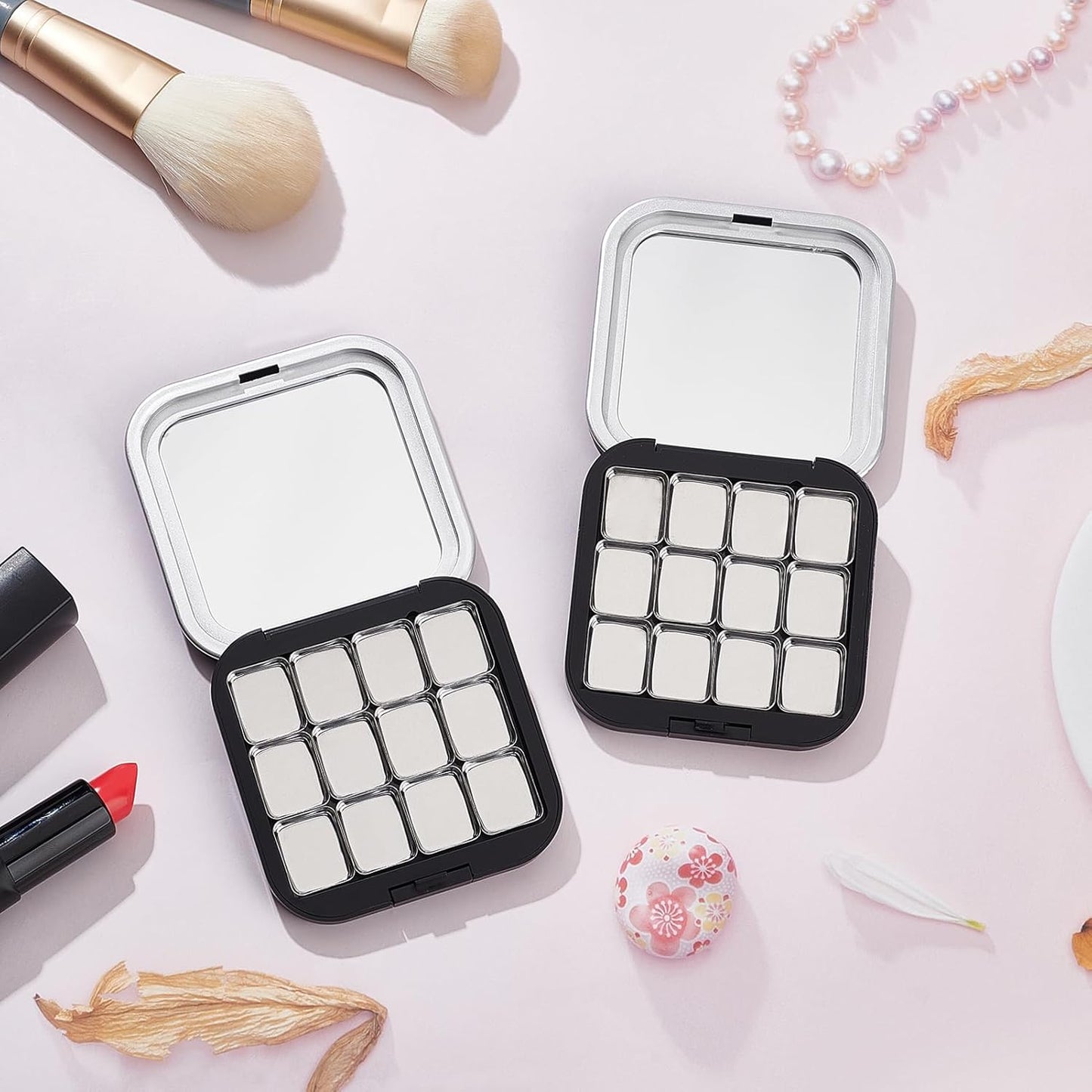 NICENEEDED 2 Pcs Empty Eyeshadow Palettes, 12 Grids Blush Pallet Makeup, DIY Lipstick Lip Balm Blusher Compact Containers Refillable Cosmetic Sample Storage Case Box with Mirror for Women