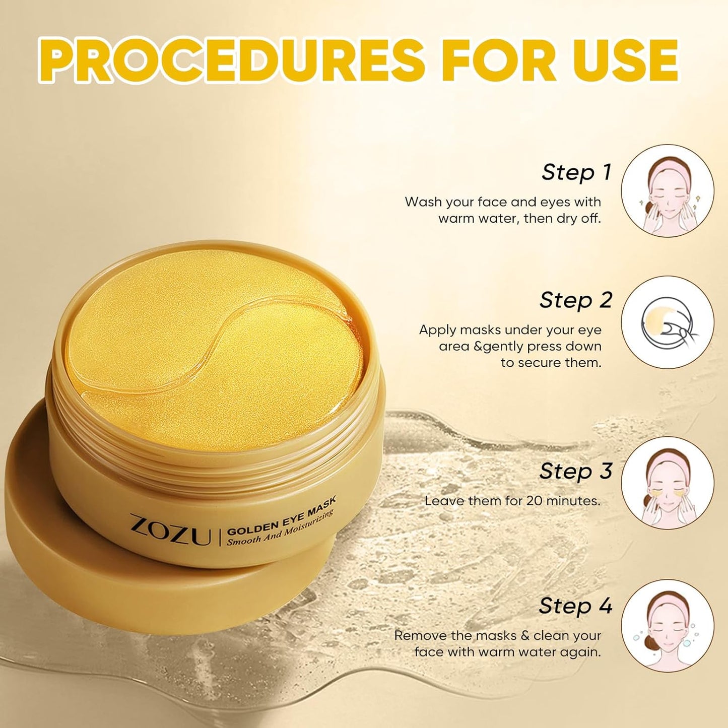 Gold Under Eye Patches, 60 Pcs 24K Gold Under Eye Masks for Dark Circles, Under Eye Patches for Puffy Eyes, Reduce Wrinkles, Under Eye Bags, Moisturizing Improves Elasticity