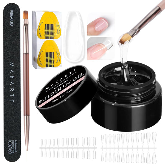 Makartt Clear Gel Builder Kit: Self-Levelling, Long Lasting Extension Hard Gels for Strengthener, Broken Nails Repair Gel Kit with Paper Forms, Dual forms, Nail File and Dual-End Brush 1.06 oz