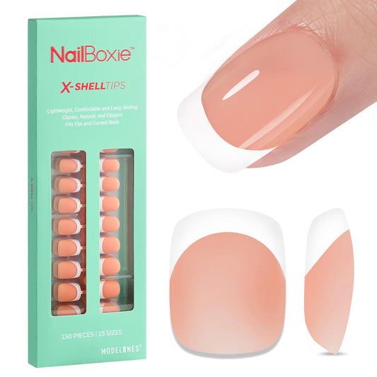modelones French Tip Press on Nails, 150Pcs Extra Short Square Fake Nails with Nail Box, Deep Nude Gel Nail Tips for Women, Soft Glue-On Nails for Natural Salon Look, DIY Nail Art (15 Sizes)