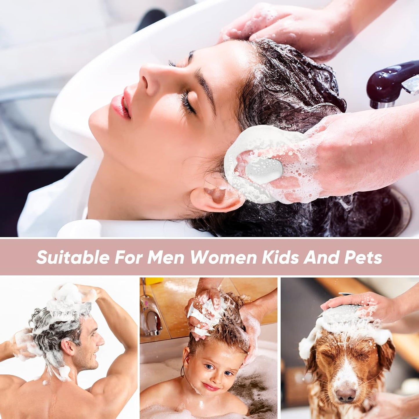 URTHEONE Scalp Massager Shampoo Brush, Hair Scalp Scrubber Head Massager with Soft Silicone Bristles for Women Men Kids Pets Shower and Hair Growth(Beige) Includes 5 Pcs Hair Ties