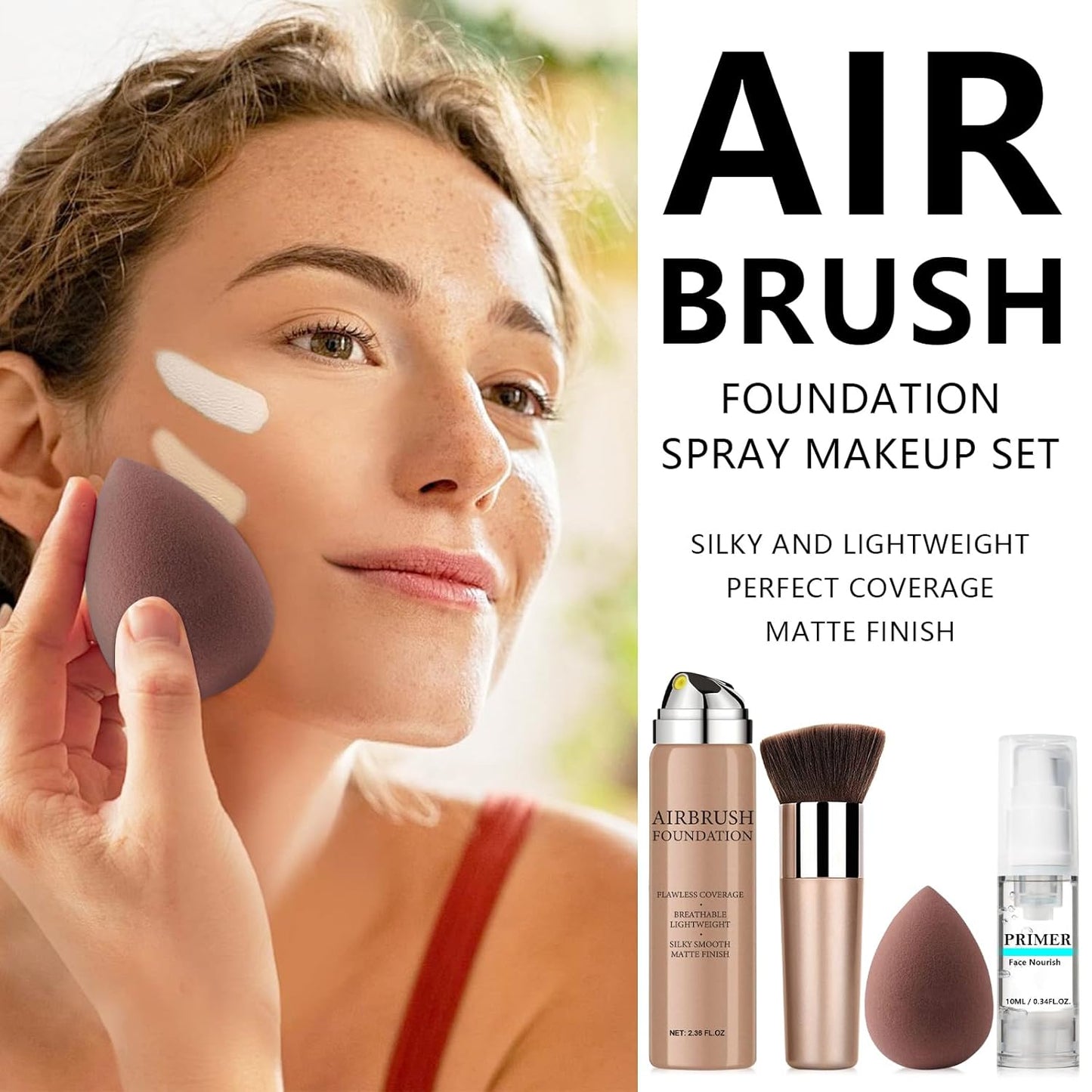 AirBrush Foundation Spray With Primer and Brush, Silky Mist Foundation Spray Makeup, Full Coverage Foundation for Smooth Radiant Finish, Formula Breathable Lightweight Hydrating(#4 Porcelain)