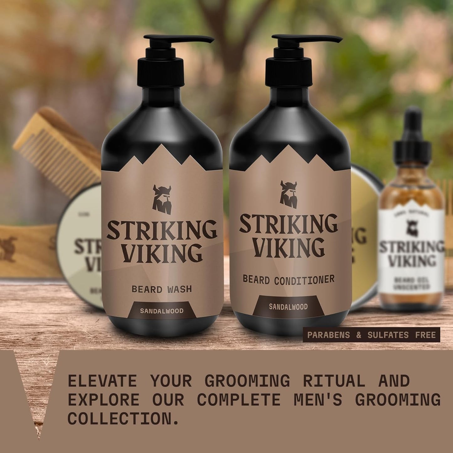 Striking Viking Beard Care Set (Sandalwood) - Paraben & Sulfate Free Shampoo with Jojoba Oil - Deep Clean for All Beard Types (10oz Per Bottle)