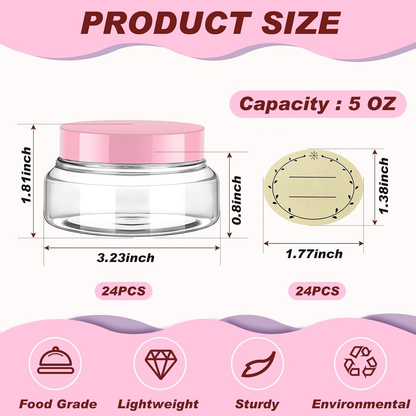 Tessco 24 Pack Plastic Jars with Lids Labels Empty Clear Plastic Jars Round Refillable Cosmetic Containers Body Butter Containers Bulk Sugar Scrub Bottle for Make Up(5 oz,Clear, Pink)