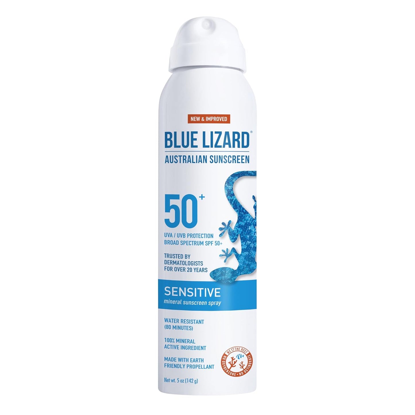 Blue Lizard Sensitive Mineral Sunscreen Spray SPF 50+, Dermatologist-Recommended Brand, Broad-Spectrum UVA/UVB Protection, Water-Resistant, Zinc Oxide Formula, 5 fl oz (Pack of 2)