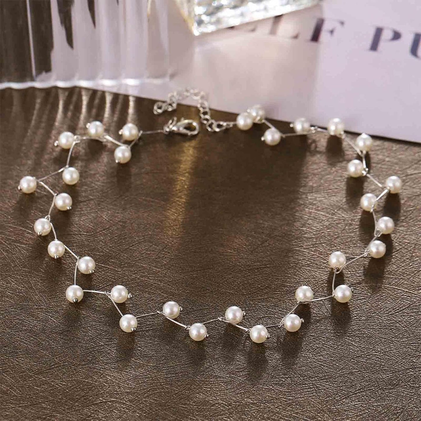 Boho Pearl Choker Necklace Silver Pearl Beaded Choker Necklace Pearl Station Necklace Jewelry Minimalist Short Chain Collarbone Necklace Jewelry for Women and Girls