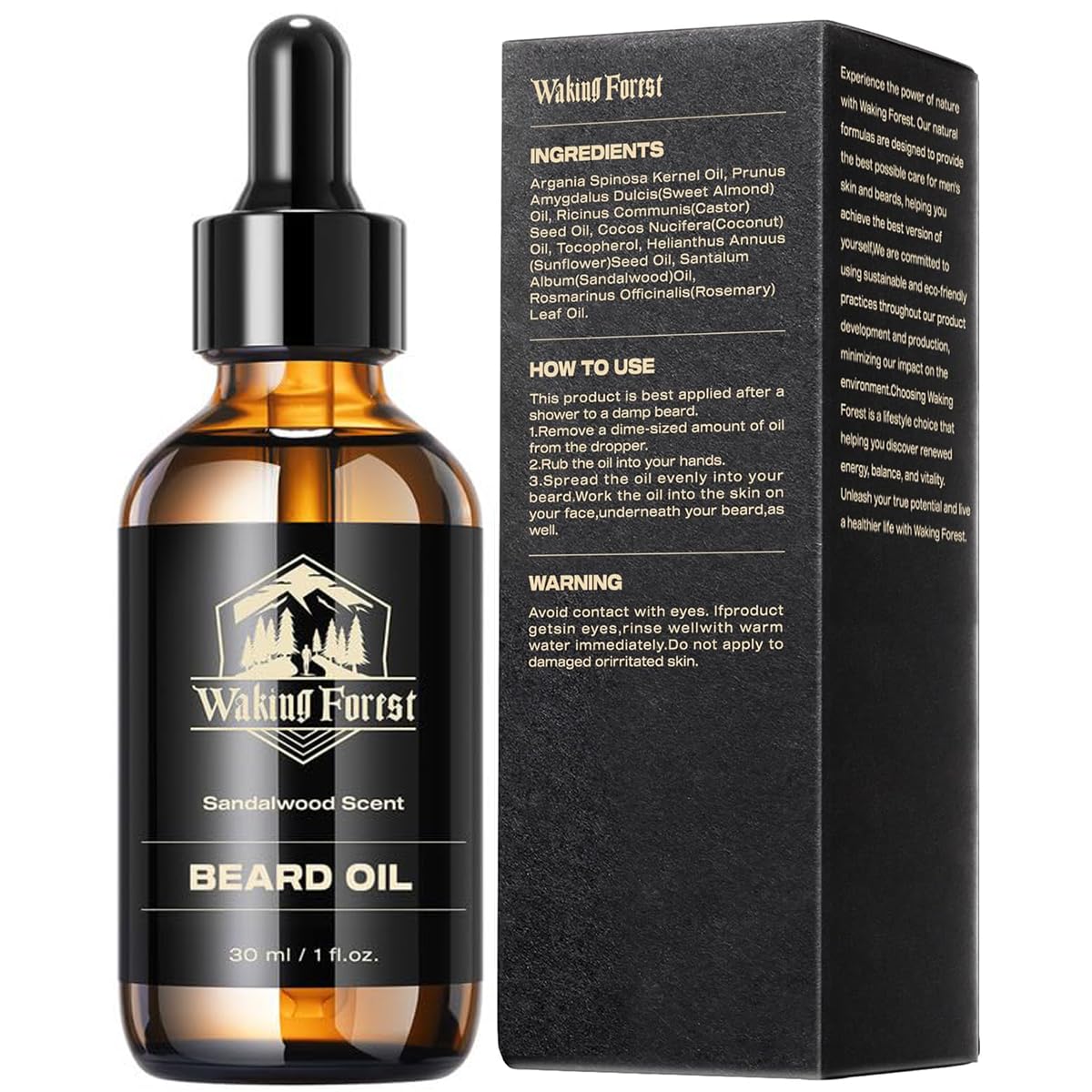 Waking Forest Beard Oil - Beard Oil for Men Thicker Beard with Vitamin E, Rosemary, Castor Mustache Oil for Black Men, Softens & Strengthens Beard Care Oil (Sandalwood, 1oz)