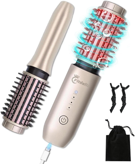 Cordless Hair Curling Iron Brush, 1.5" Mini Cordless Hair Curler, 3-in-1 Travel Curling Brush Hair Straightener Comb Rechargeable, 7000mAh Portable Ionic Heated Curling, Gold