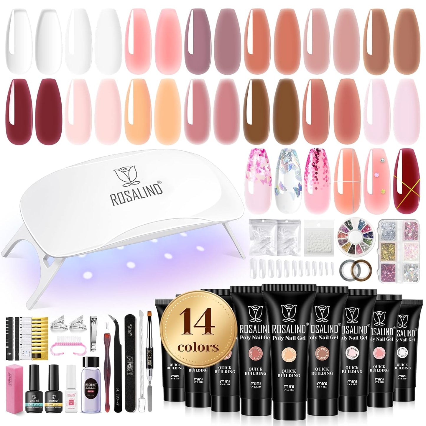 ROSALIND Poly Nail Gel Kit -14 Colors +72 Nail Art Accessories kit Clear Nude Poly Nails Gel Kit Starter Kit with Mini UV Lamp Slip Solution Basic Tools for Beginners with Everything