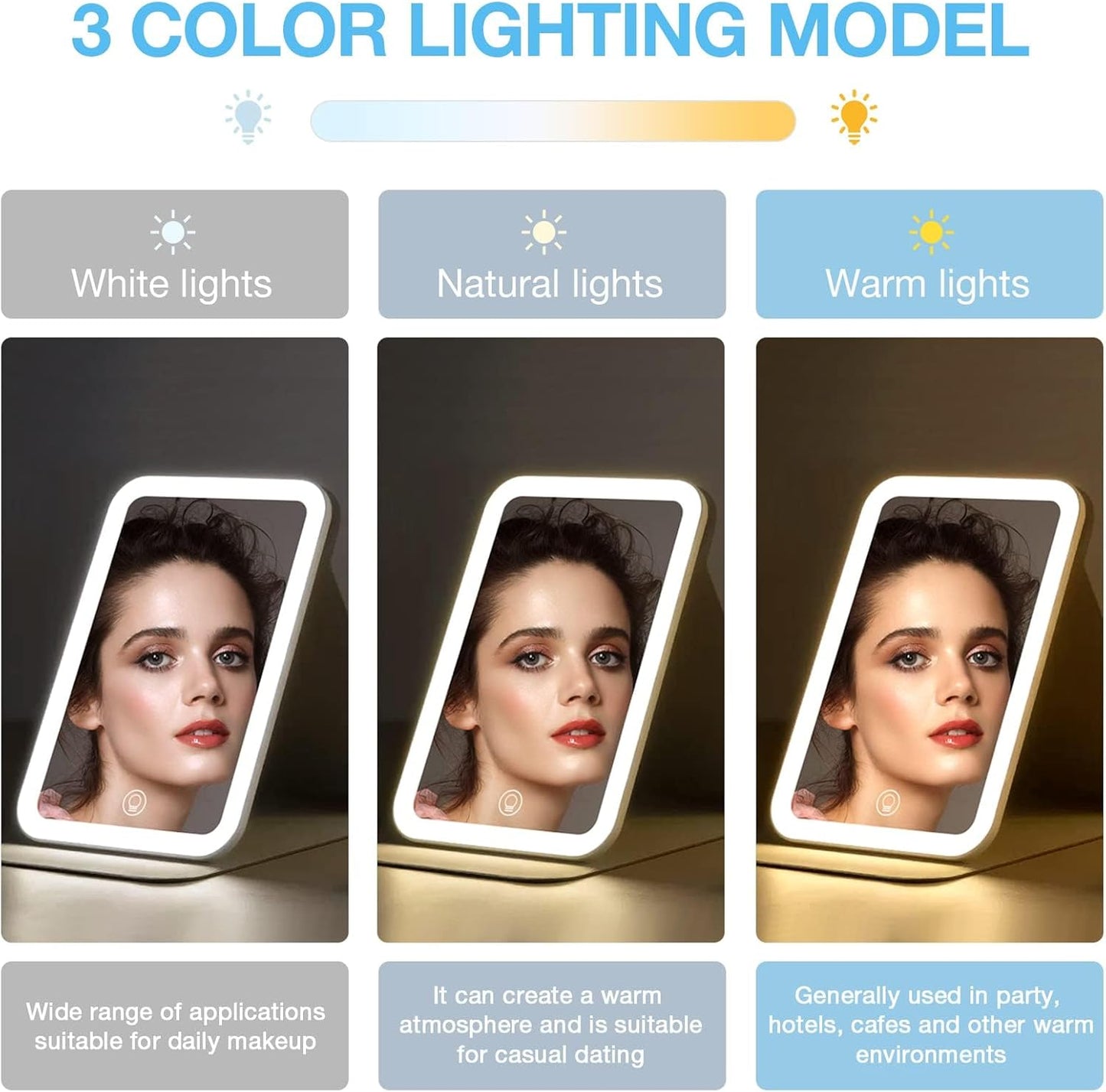 Kintion Travel Makeup Mirror, Portable LED Lighted Makeup Mirror, 360° Rotation Touch Screen Vanity Mirror, 60 LEDs, 3-Color Dimmable Lighting, Rechargeable Tabletop Folding Cosmetic Mirror, Blue