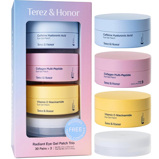 TEREZ & HONOR Eye Patches Set: Korean Hydrogel Eye Masks, 3 Pack (x 60 Pcs) with Caffeine, Collagen & Vitamin C - For Puffy Eyes, Dark Circles, Fine Lines, Wrinkles & Bags, Travel Case Included