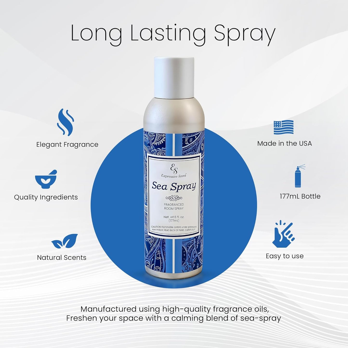 Air Freshener Spray - long lasting luxurious sea spray – Ideal for Bathroom, Kitchen, Office & Car – long lasting home fragrance 6 FL Oz