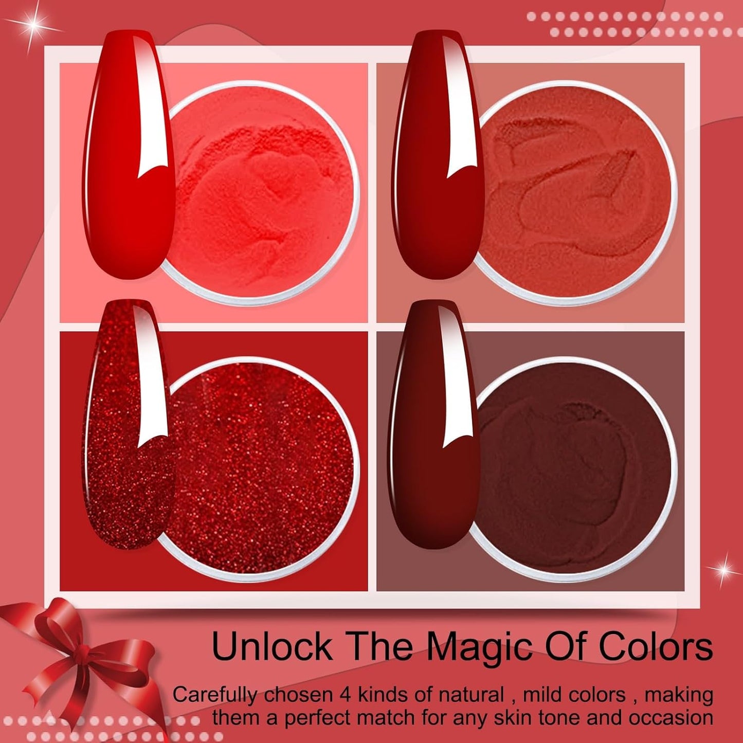 Honey Joy Dip Powder Nail Kit Starter,4 Colors Wine Red Glitter Dark Barn Red Dipping Powder Liquid Set with Base Top Coat for Nail Art Manicure Salon DIY No LED Nail Lamp Needed, Dip-7pcs-No.22