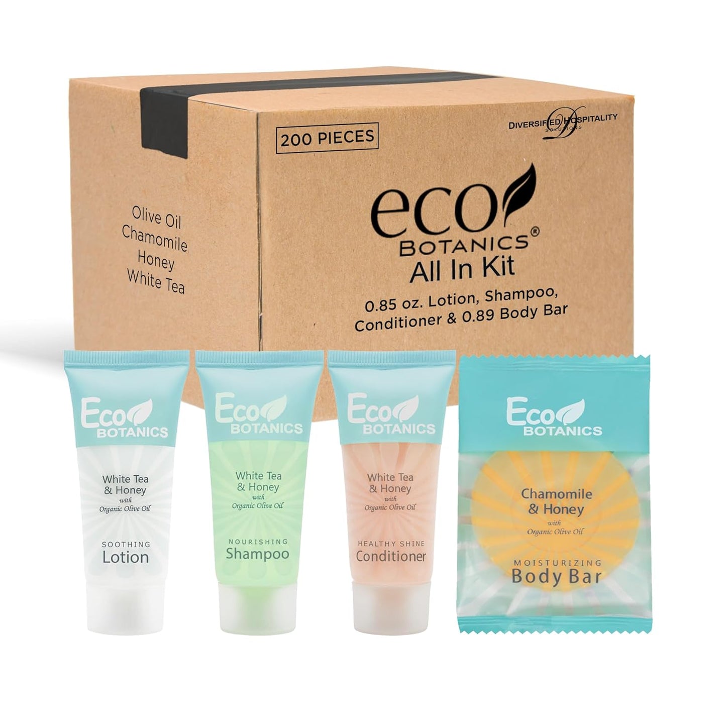 Eco Botanics Hotel Soaps and Toiletries Bulk Set | 1-Shoppe All-In-Kit Amenities for Hotels & Airbnb | 0.85 oz Hotel Shampoo, Conditioner & Lotion, 0.89 oz Bar Soap Travel Size | 200 Pieces