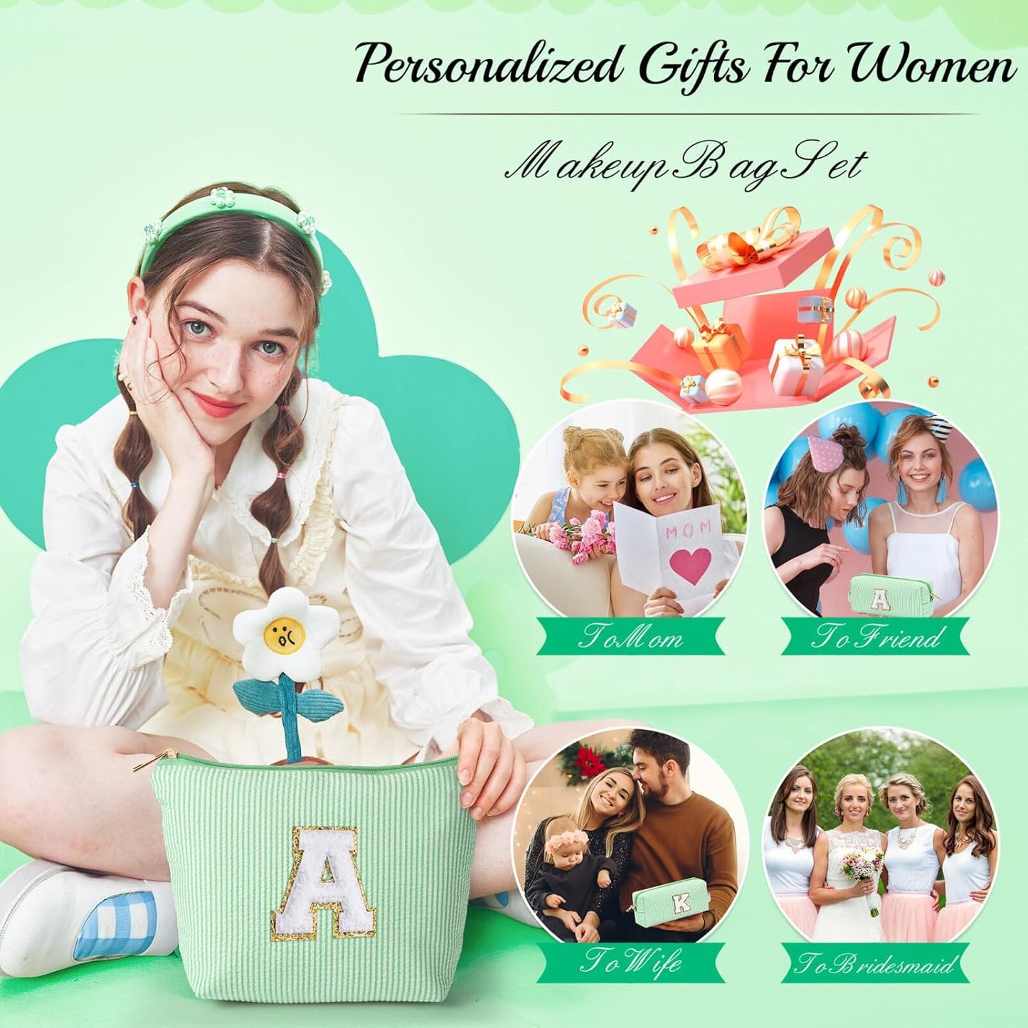 YOOLIFE Initial Makeup Bag C - Personalized Gift for Girls, Teens, Women - Birthday Idea for Ages 7-16