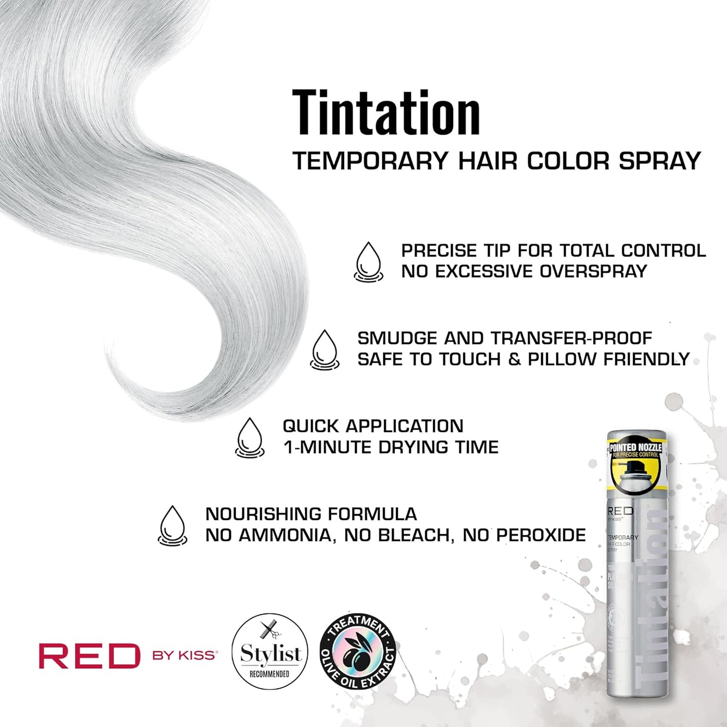Red by Kiss Tintation Temporary Hair Color Spray 2.82oz, Quick-Dry & Smudge-Proof, Vivid Color Washable Hair Dye, Styling Spray Cosplay Halloween Birthday Party Festival (Platinum Silver)