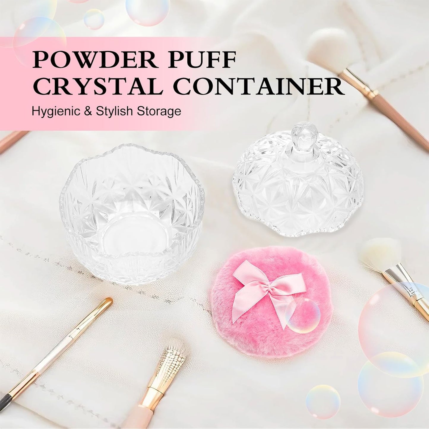 2 Pcs Large Body Powder Puff and Container, Dusting Powder Container with Puff, Crystal Case, Body Powder Puff for Women Soft Washable Reusable Velour Face Body Glitter Wet Dry Makeup(Diamond)