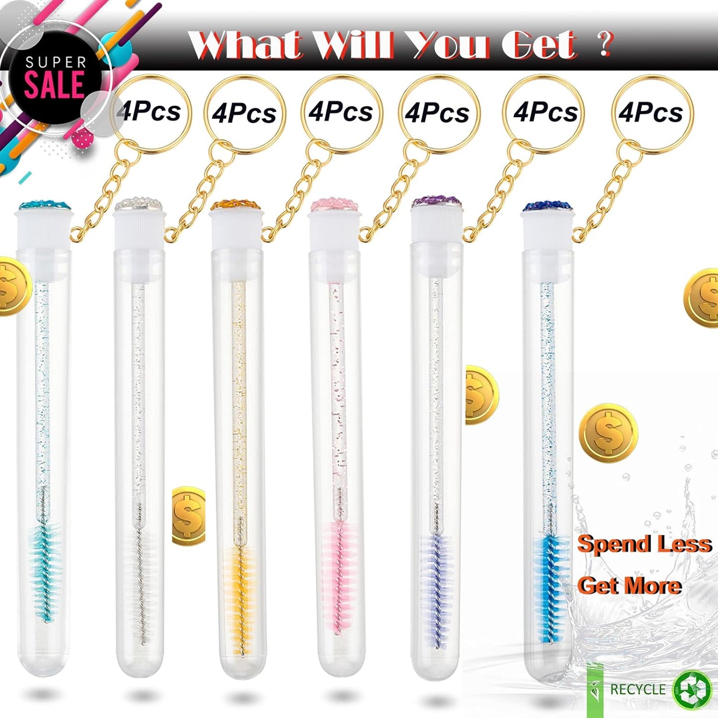 Upgrade 48 Pieces Disposable Mascara Wands Set, Include 24 Pcs Crystal Lash Spoolies Brush and 24 Pcs Reusable Keychain Empty Eyelash Brush Tubes