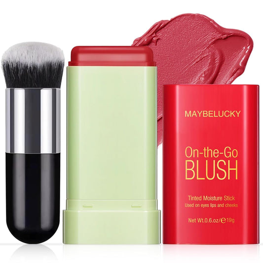 Cream Blush Stick for Cheeks, Multi-Use Makeup Blush Stick for Eyes Lips Face, Travel-Friendly Tinted Solid Moisturizer Matte Blush, Natural Glow Blendable Smooth Blusher with Brush-Hot Red