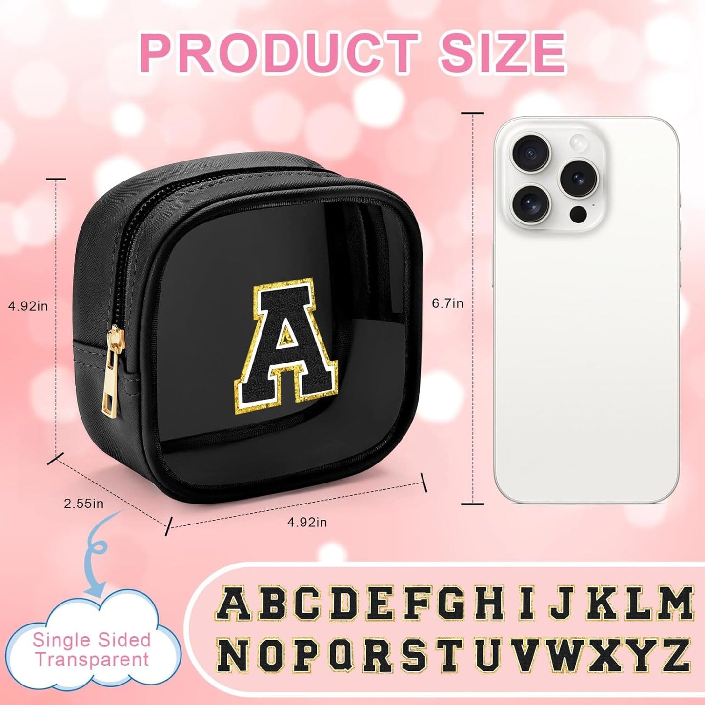 YOOLIFE Initial Makeup Bag Travel Toiletry Bag, Clear Makeup Bag Car Accessories For Women Clear Makeup Bags With Zipper Girlfriend Teacher 13 Year Old Girl Gifts Daughter Girl Gifts Mini Black E