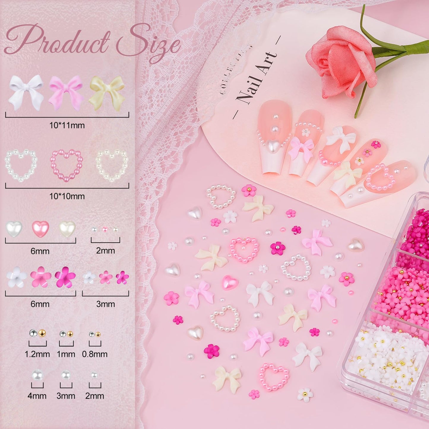 3D Nail Charms and Gems Set 7, 20PCS Chunky Butterfly Charms + 75PCS Coquette Nail Bows and Hearts + 3D Flowers for Nails with Rhinestones, Pearls, Diamonds and Picker Tools for Y2K Nail Decor