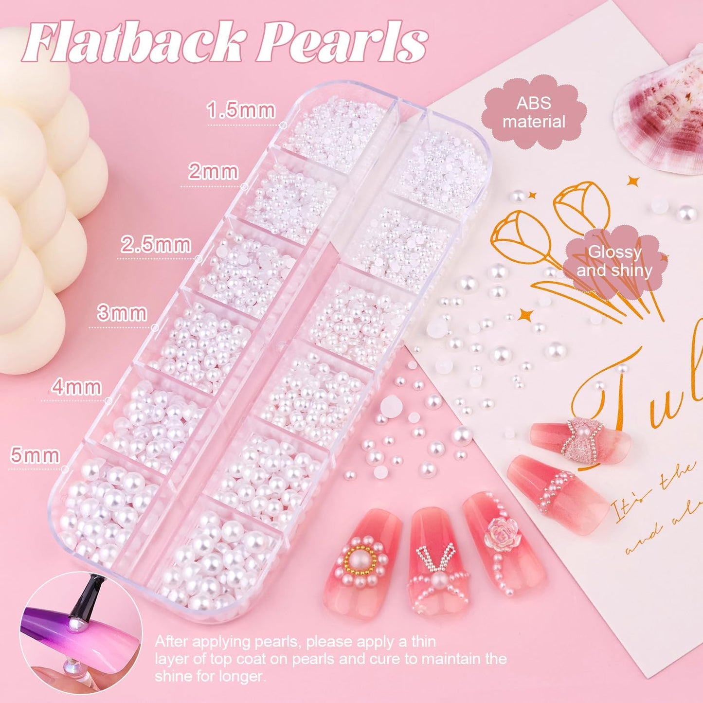 2 Boxes Flatback Pearls (White) and Metal Beads (Silver) for Nail Art, Luxurious Pearl Charms and Small Round Caviar Beads Accessories for Acrylic Tips Manicure Decor