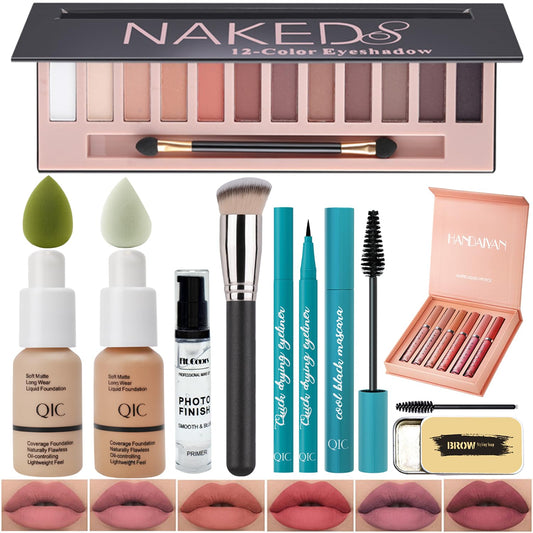 All In One Makeup Kit Full Kit 12 Colors Eyeshadow Palette,6 Colors Lipstick Set,2 Full Coverage Foundation,Primer,Eyebrow Soap,Waterproof Eyeliner and Mascara (104 Buff Beige +105 Sand+ Matte Shadow)