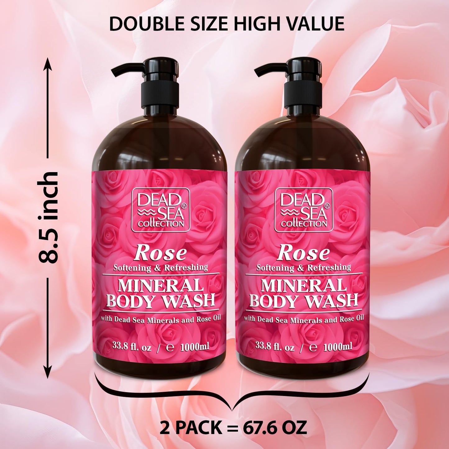Dead Sea Collection Rose Body Wash for Women and Men - with Pure Dead Sea Minerals and Rose Extract - Cleanses and Moisturizes Skin - Pack of 2 (67.6 fl. oz)