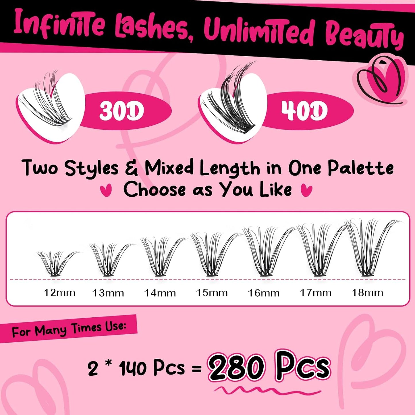 Lash Clusters Kit 280 Pcs Eyelash Clusters Lash Bond and Seal Lash Remover Lash Applicator Individual Lashes Kit Eyelash Brush Easy to Apply at Home(30D+40D-12-18mix Kit)