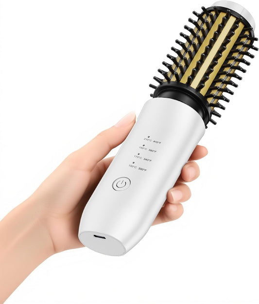 Cordless Curling Iron Brush, 1.5 Inch Mini Travel Hair Curler with 200 Million Negative Ions, Portable Heated Round Straightener Brush Rechargeable for Curl, Touch-Up, De-Frizz, Styling, White