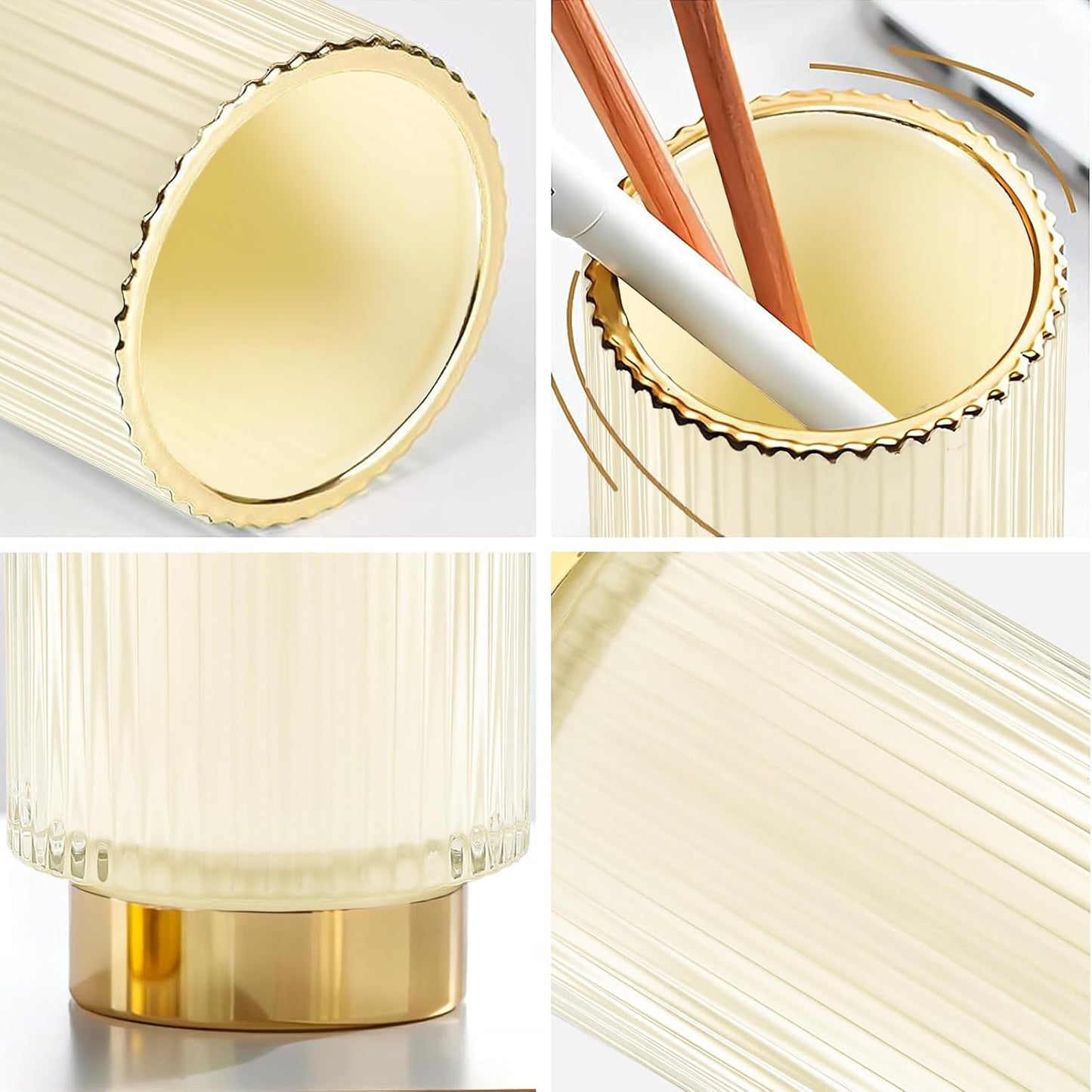 DASITON Makeup Brush holder Organizer,Crystal Cosmetic Makeup Brush Glass Brushes Storage Holder, Vintage Make Up Brush Cup Pen Pencil Holder striped vase(Cream S+L)