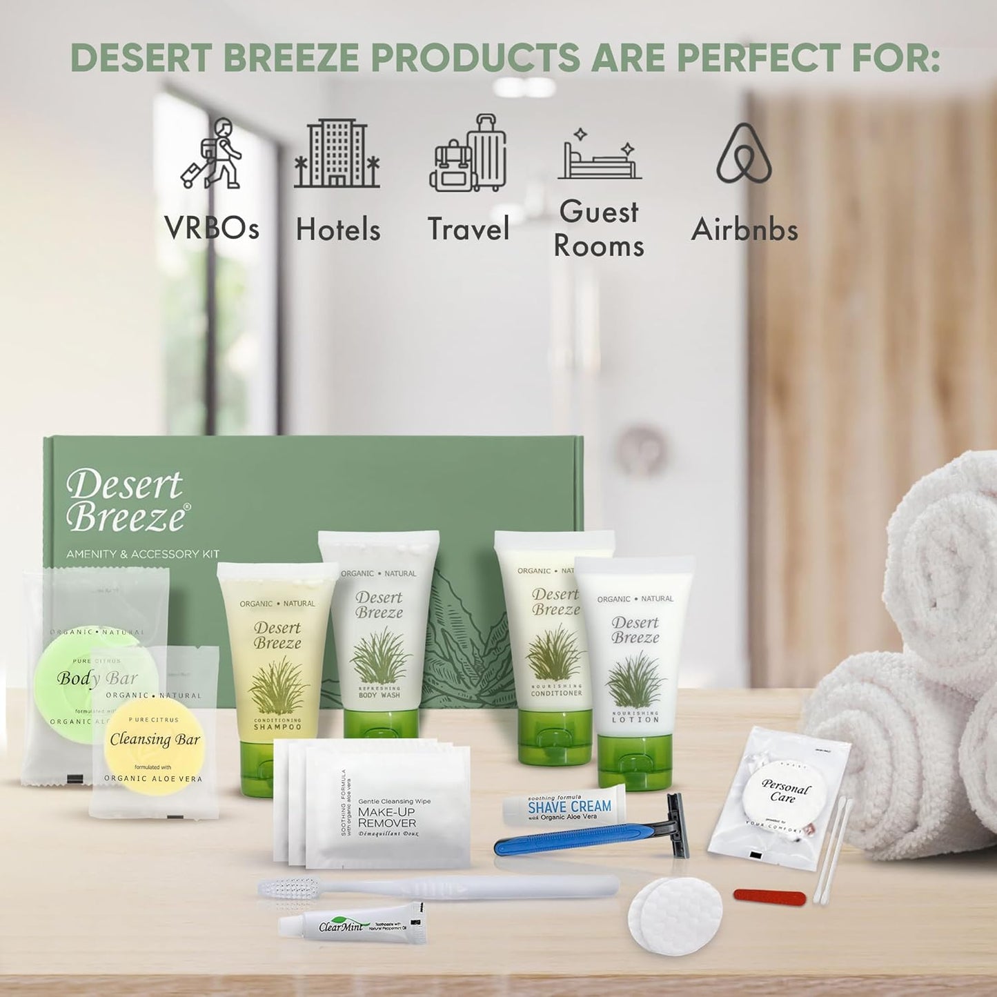 Amenity & Accessory Kit | 1 oz Travel Size Shampoo, Conditioner, Lotion, Body Wash, Body Bar, Cleansing Bar, Shave & Dental Sets, Make-Up Remover Wipes, & Vanity Kit | 1 set per case