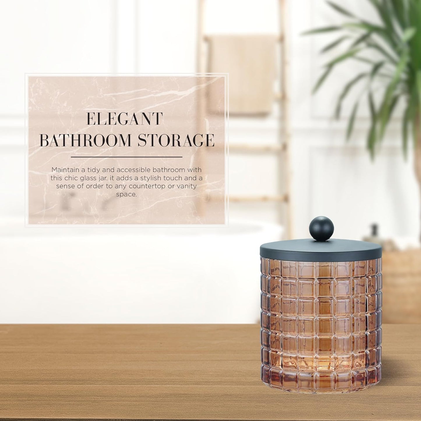 Glass Jar with Metal Lid for Bathroom Organization, Clear Apothecary Jar for Cotton Balls, Q Tips, and Small Accessories, Stylish Bathroom Storage Container Amber, Black