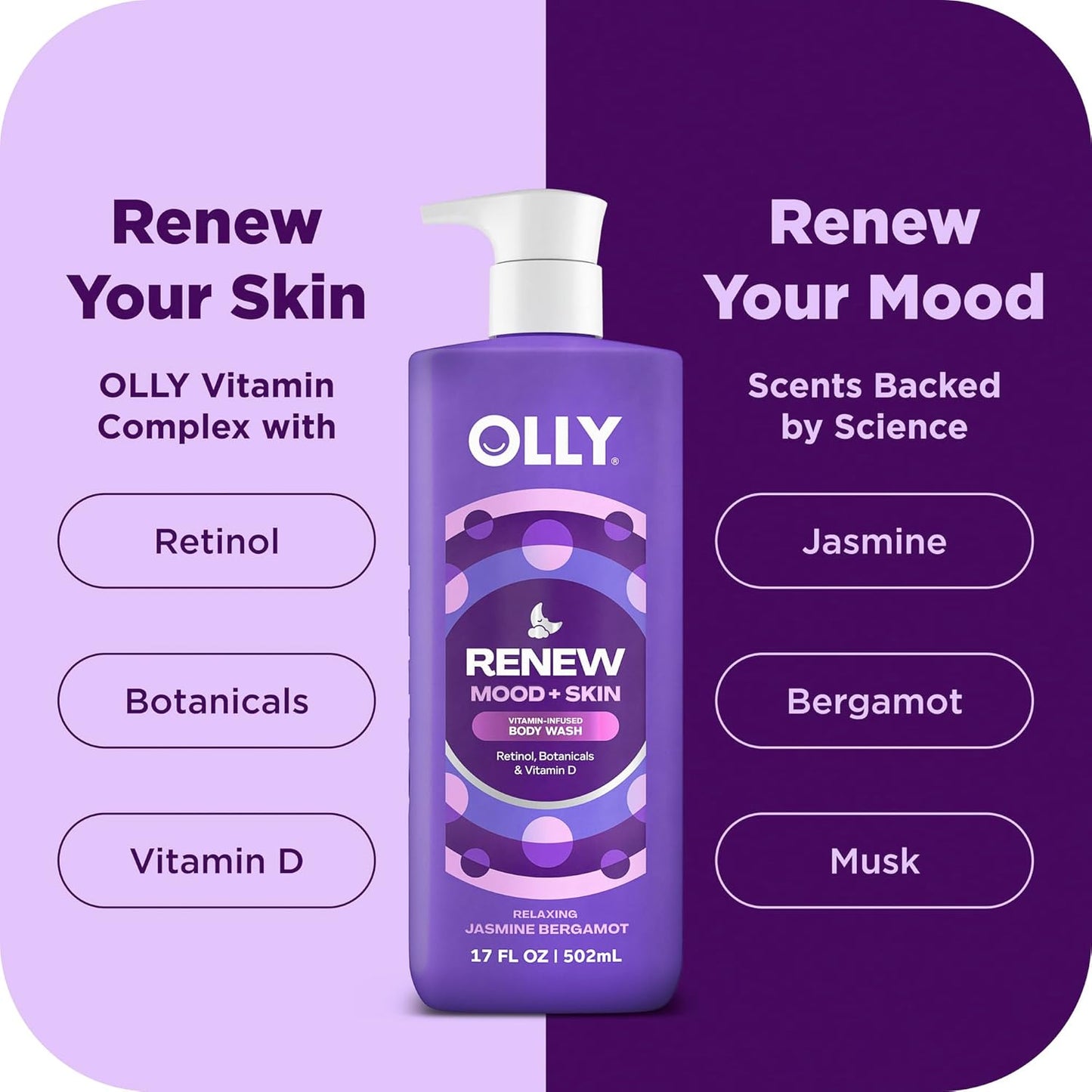 OLLY Renew Body Wash with Vitamin D, Retinol & Botanicals – Nourishing Cleanser for Skin Barrier Repair, Deep Hydration, Jasmine Bergamot Scent, 17oz