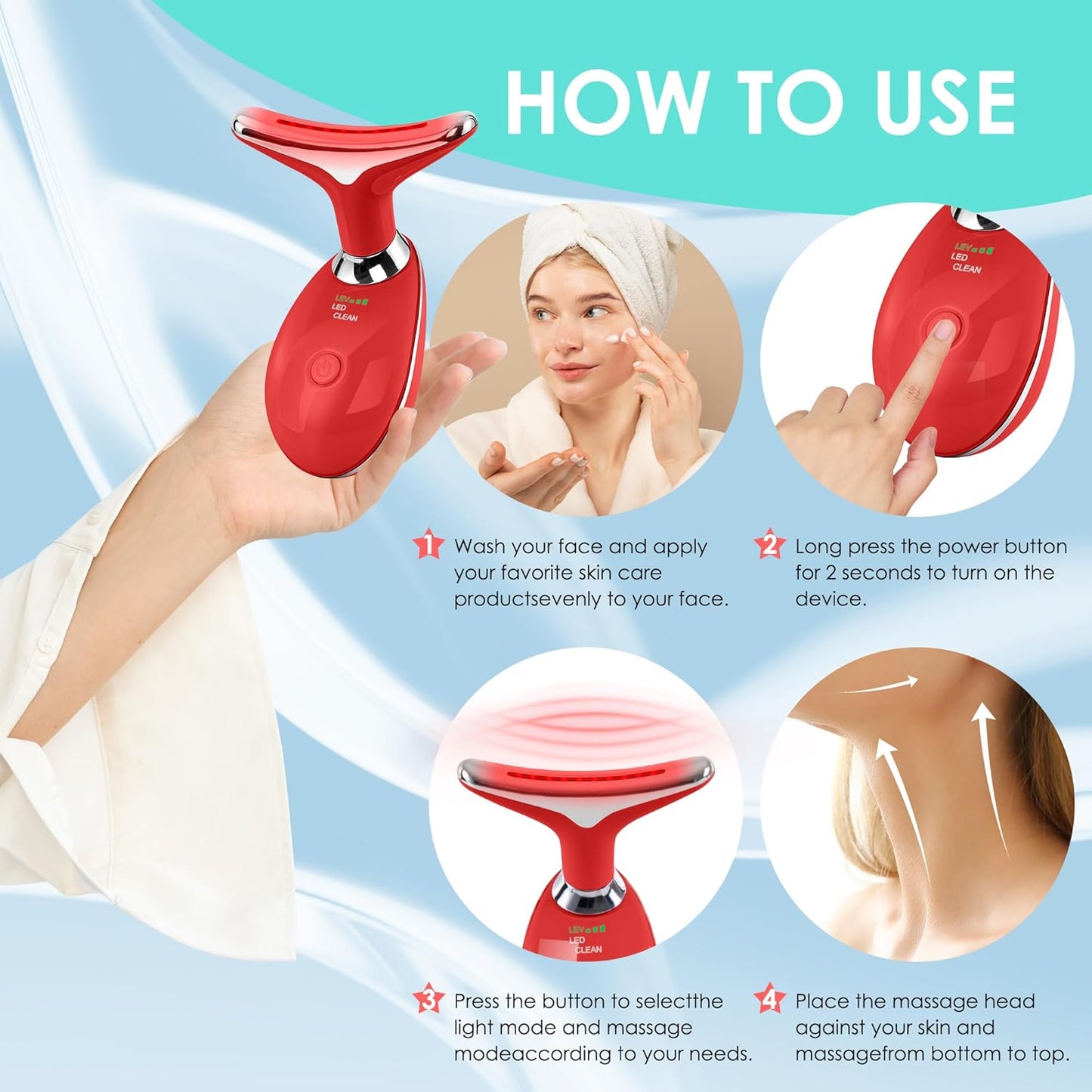 Facial Massager Red-Light-Therapy-for-Face and Neck, Face 𝖲 culpting Wand with 7 Color (Bright Red)