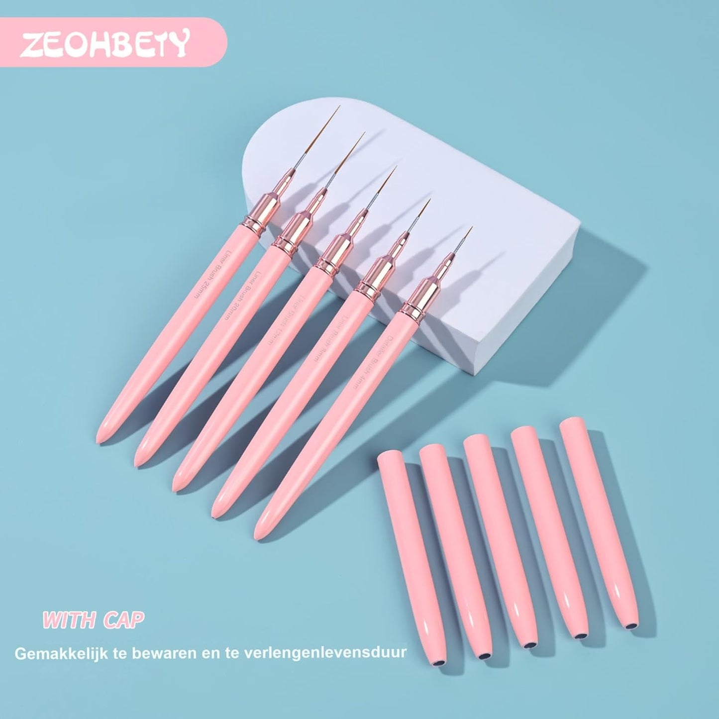 Metallic Nail Art Brushes, 5Pcs Nail Art Liner Brushes, Painting Art Design Brush Set Nail Dotting Drawing Tool for Long Lines, Thin Details, Fine Drawing Sizes 4/8/12/20/25mm, Pink