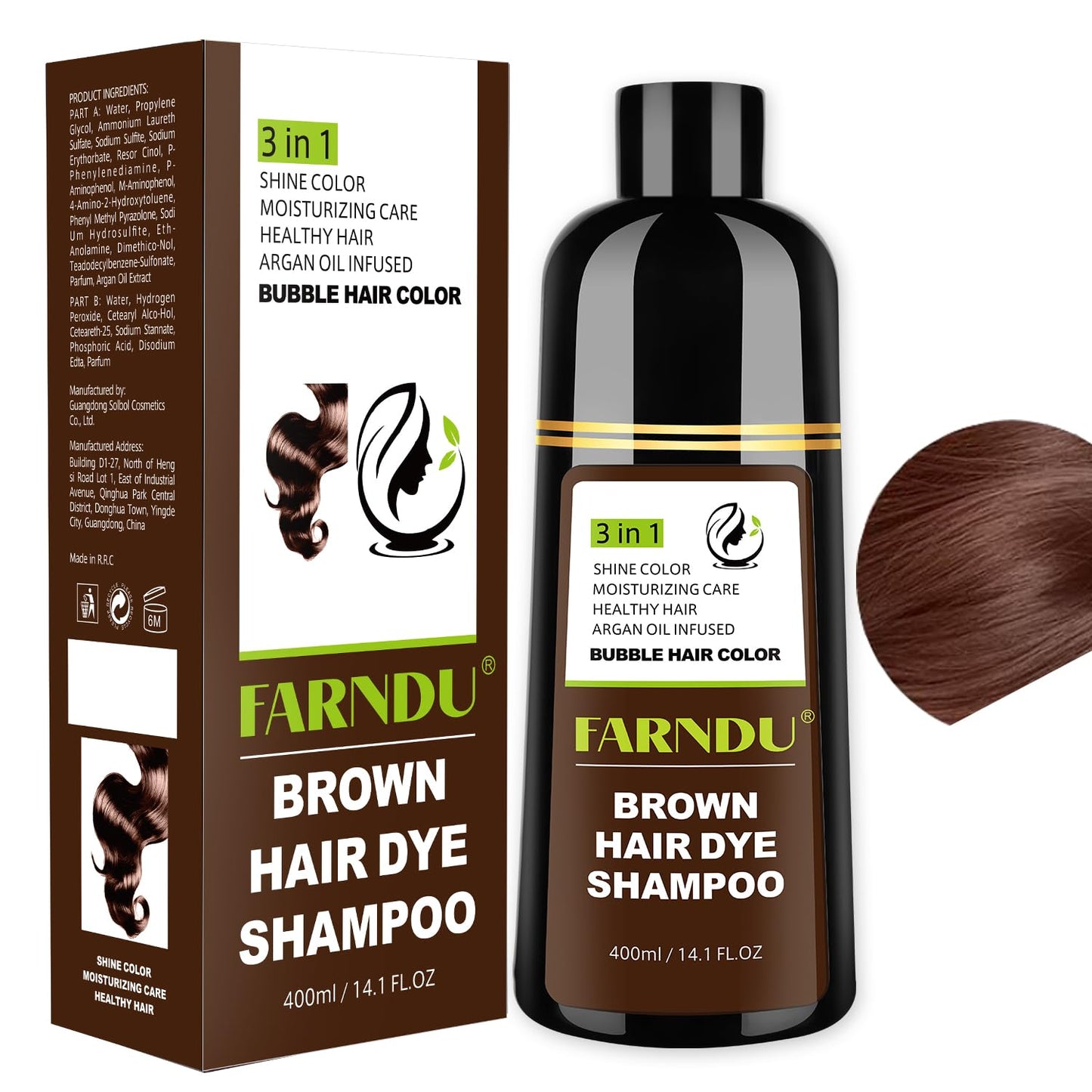 Brown Hair Dye Shampoo for Women Men, Gray Hair Coverage, Natural Herbal Ingredients
