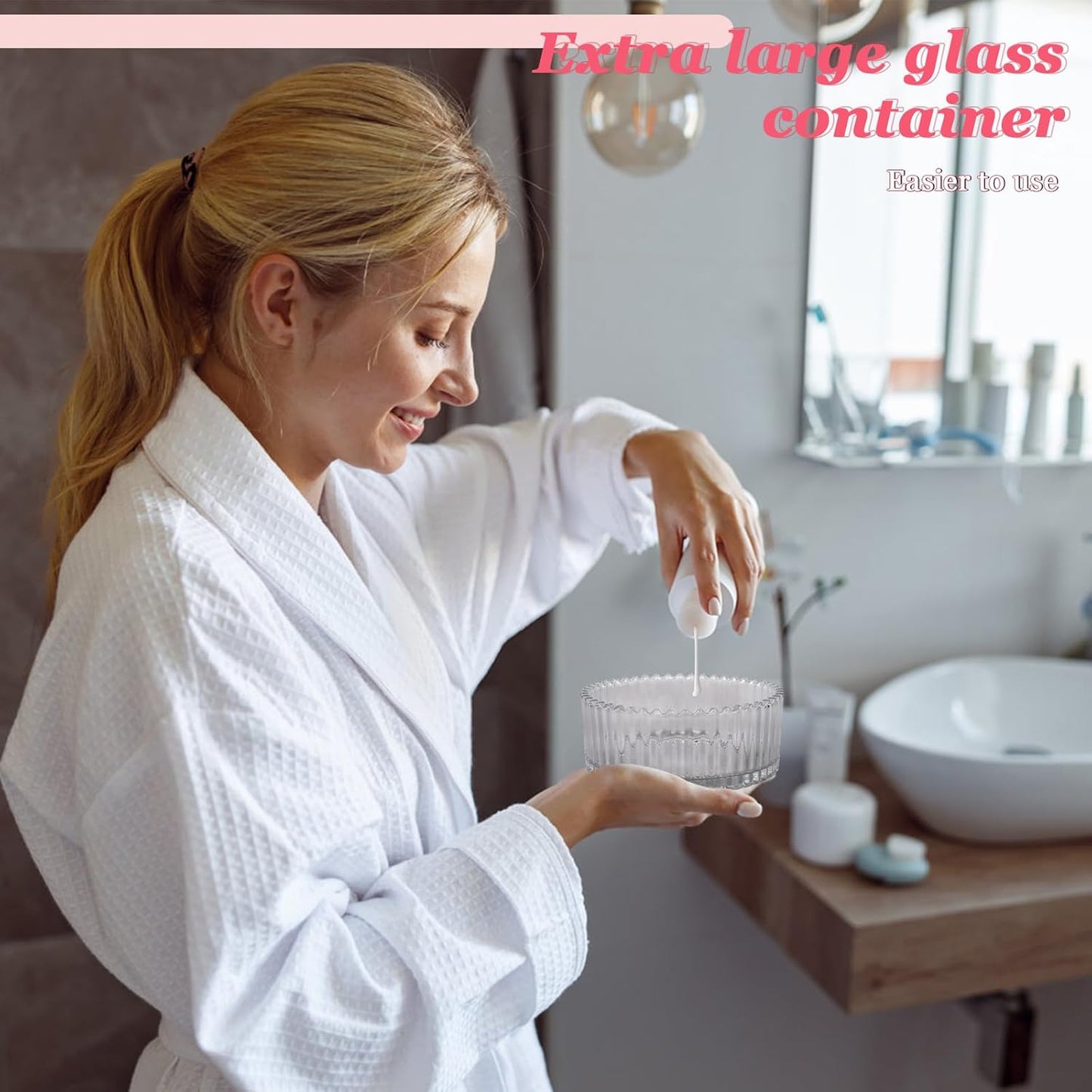 2Pcs Extra Large Body Powder Puff & Luxury 6" Glass Jar Dusting Powder Container with Puff for Women Bath Powder Puffs Perfect for Talcum or Loose Powder (Beige)