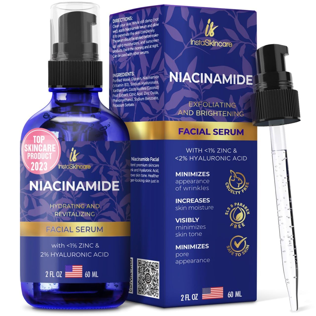 DOUBLE SIZED (2Oz) Niacinamide Serum for Face 10% with Zinc 1% Vitamin B3 Brightening Serum for for Tone, Texture and Hydrating
