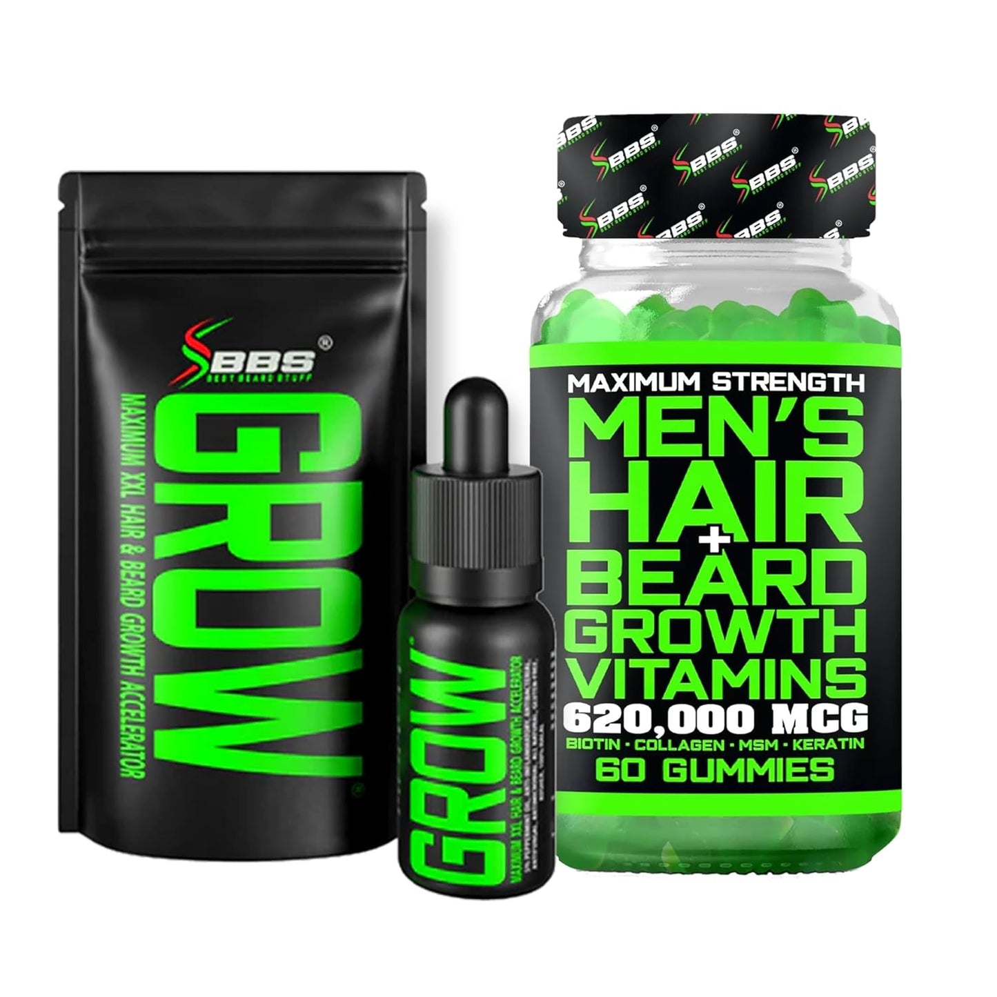 Beard Growth Kit w/GROW Beard Oil for Men (Mens Beard Growth Serum) + Biotin Gummies Beard Growth Vitamins & Hair Growth Vitamins for Men