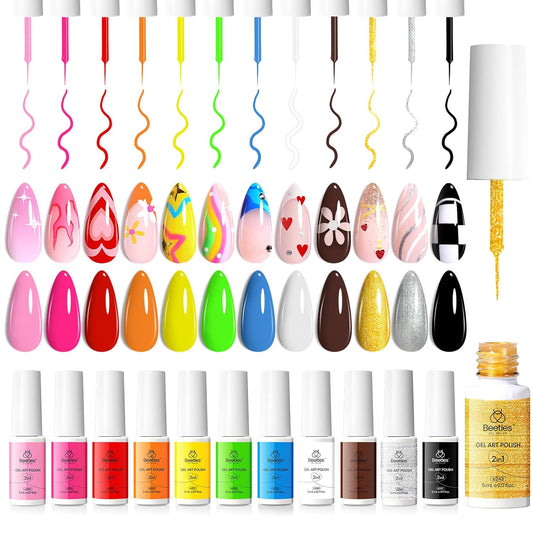 beetles Nail Art Polish Set- 12 Colors 2 IN 1 Gel Nail Polish, Pink Blue Purple Brown Black Gel Liner Polish Soak Off Nail Art Design Set, Nail Brush for Nail Painting for Women